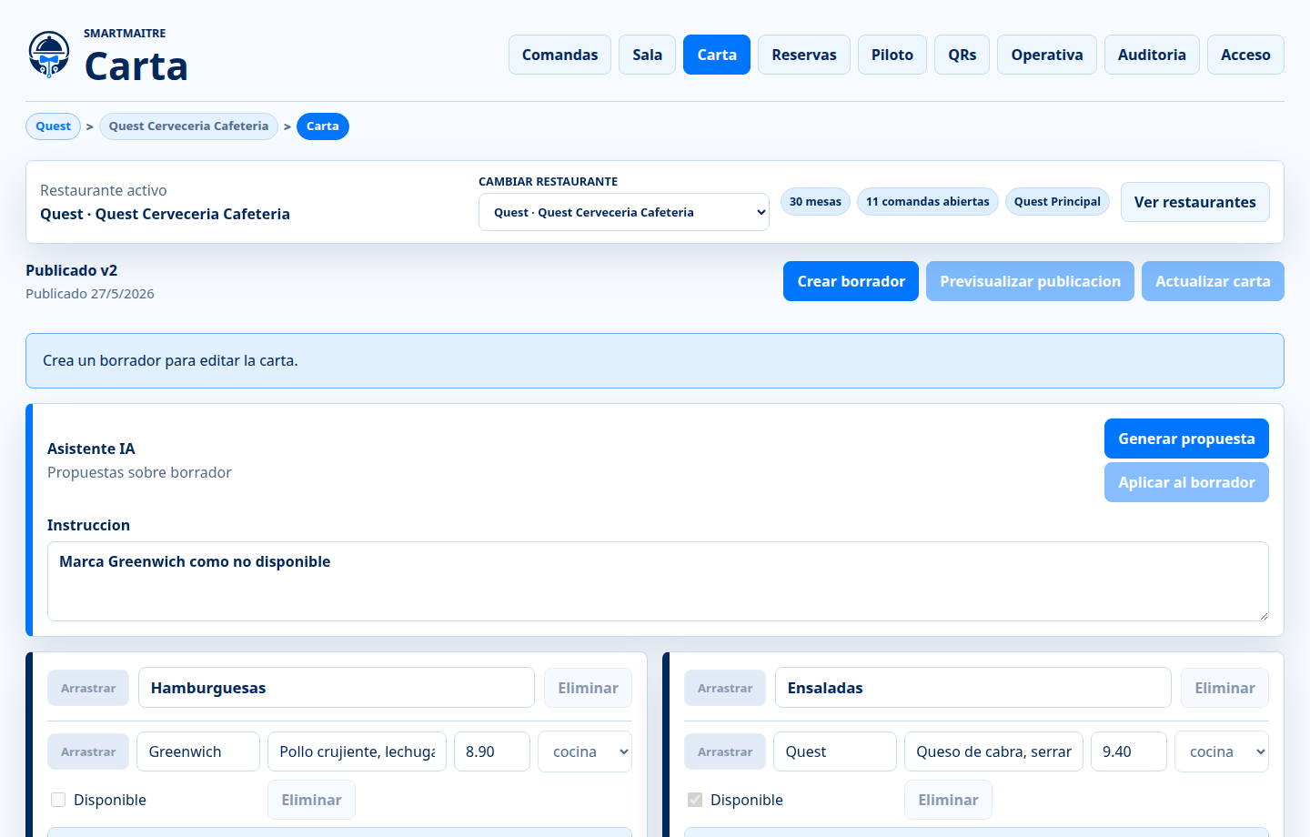 Editor de carta SmartMaitre con asistente IA