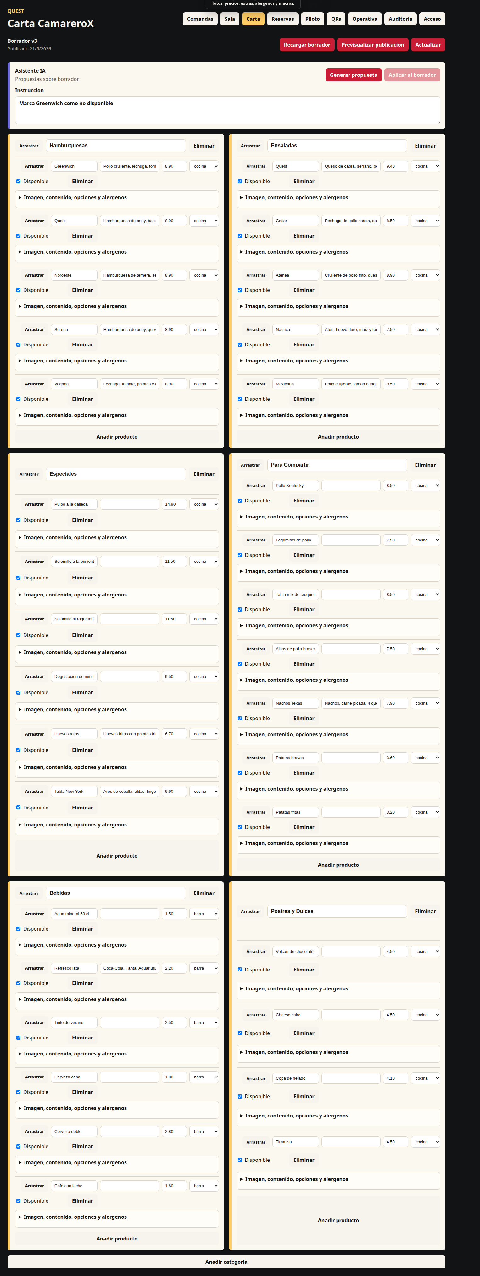 Editor de carta SmartMaitre.com con asistente IA