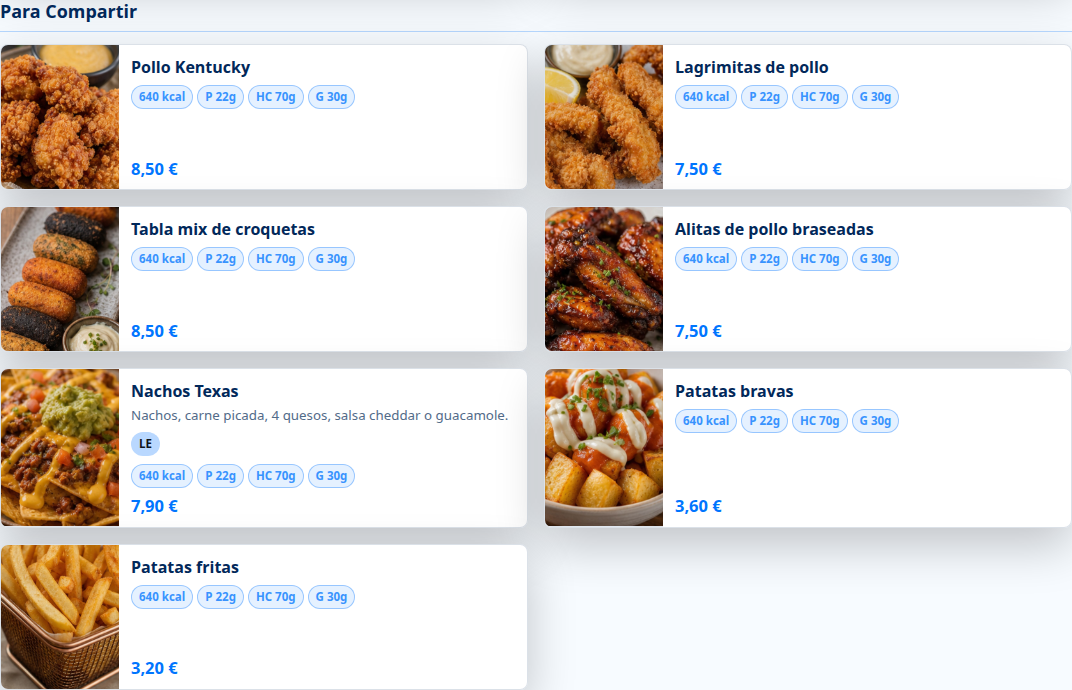 Seccion para compartir de la carta SmartMaitre