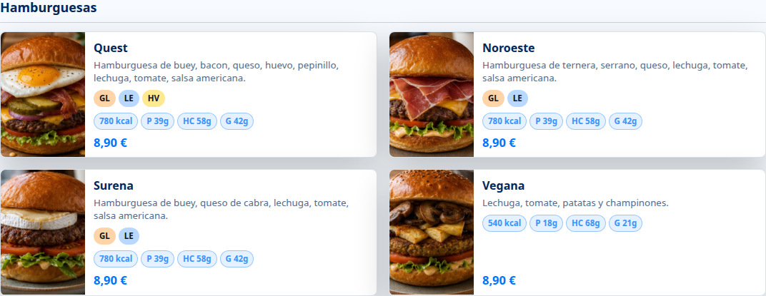 Seccion de hamburguesas de la carta SmartMaitre