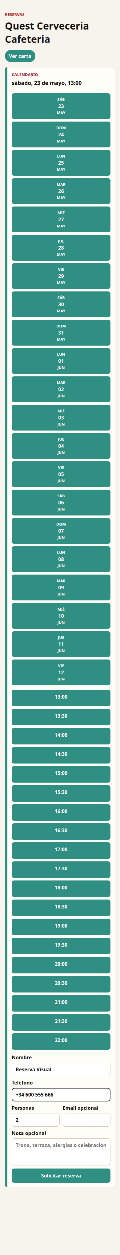 Calendario de reservas SmartMaitre.com para clientes